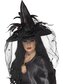 Smiffys Čarodějnický klobouk s peřím a závojem černý