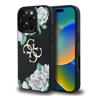 Guess PU Grained Roses 4G Metal Logo Zadní Kryt pro iPhone 16 Pro Black