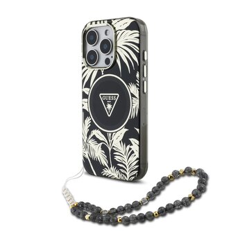 Guess IML Palm Trees Triangle Logo Pearl Strap MagSafe Zadní Kryt pro iPhone 16 Pro Black
