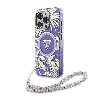 Guess IML Palm Trees Triangle Logo Pearl Strap MagSafe Zadní Kryt pro iPhone 16 Pro Purple
