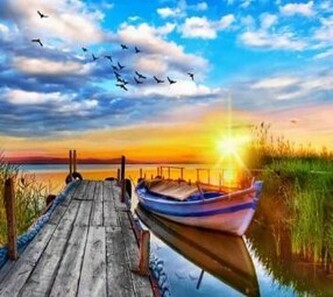 Malowanie po numerach Jezioro Stary pomost z łódką na tle zachodu słońca 50x40cm 1005607