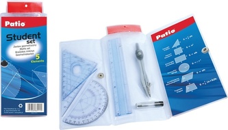 Zestaw geometryczny 5-el. 15 cm z cyrklem duży foliowe etui, Patio