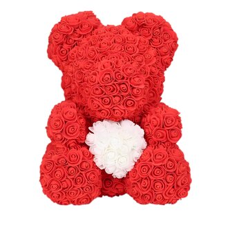Medvídek z růží – červený s bílým srdcem, výška 35 cm