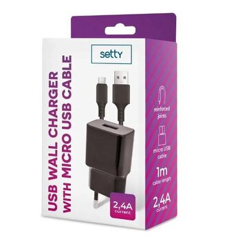 Nabíječka do sítě Setty 2,4A s kabelem USB/microUSB 1m, 1xUSB černá
