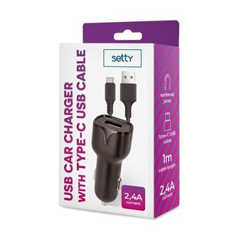 Nabíječka do auta Setty 2,4A s USB-C kabelem 1m černá