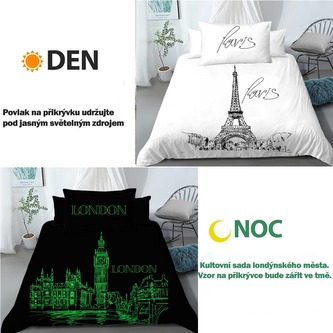 Bavlněné svítící povlečení Den v Paříži, noc v Londýně