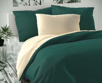 Saténové prodloužené povlečení LUXURY COLLECTION 140x220, 70x90cm tmavě zelené / smetanové