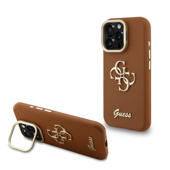 Guess PU Grained 4G Logo Stand Camera Frame Zadní Kryt pro iPhone 16 Pro Max Brown
