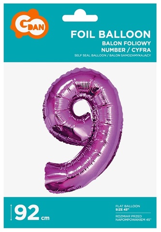 Balon foliowy "Cyfra 9" różowa 92 cm CH-S9R9, Godan
