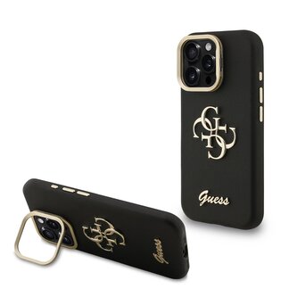 Guess PU Grained 4G Logo Stand Camera Frame Zadní Kryt pro iPhone 16 Pro Max Black