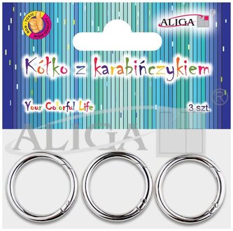 Kółka metalowe z karabińczykiem PH-9790 srebrne, śr. 4cm, op. 3szt., Aliga