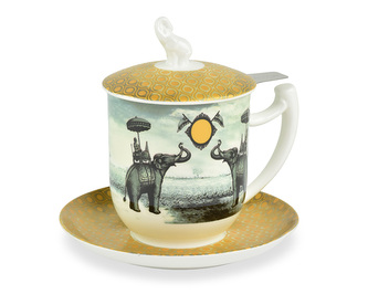Porcelánový hrnek s podšálkem Sepia Elephant, zelený, zlatý dekor, 350 ml