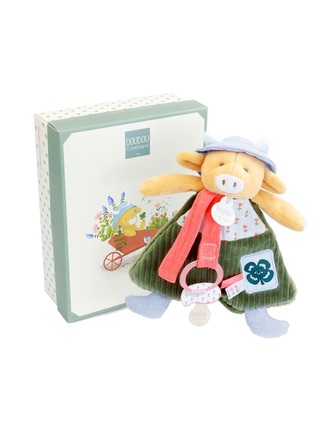 Doudou Dárková sada Plyšová kravička Aneth s úchytem na dudlík 19 cm