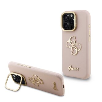 Guess PU Grained 4G Logo Stand Camera Frame Zadní Kryt pro iPhone 15 Pro Pink