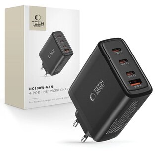 Ładowarka Tech-Protect NC100W-GAN sieciowa GaN 3x USB-C PD 100W / USB-A QC 3.0 - czarna Ładowarka Tech-Protect NC100W-GAN sieciowa GaN 3x USB-C PD 100W / USB-A QC 3.0 - czarna