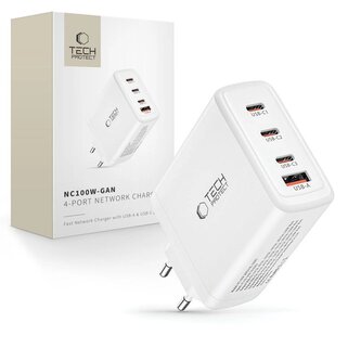 Ładowarka Tech-Protect NC100W-GAN sieciowa GaN 3x USB-C PD 100W / USB-A QC 3.0 - biała Ładowarka Tech-Protect NC100W-GAN sieciowa GaN 3x USB-C PD 100W / USB-A QC 3.0 - biała