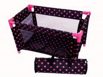 Łóżeczko-kojec dla lalek czarny w różowe groszki