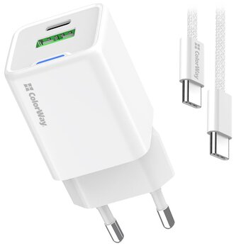 COLORWAY 1x USB-C/ síťová nabíječka/ GaN/ PD/ PPS/ QC/ 30W/ Včetně 100cm kabelu/ Bílá