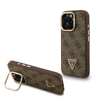 Guess PU 4G Strass Triangle Logo Stand Camera Frame MagSafe Zadní Kryt pro iPhone 15 Pro Max Brown