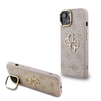 Guess PU 4G Metal Logo Stand Camera Frame Zadní Kryt pro iPhone 13 Pink