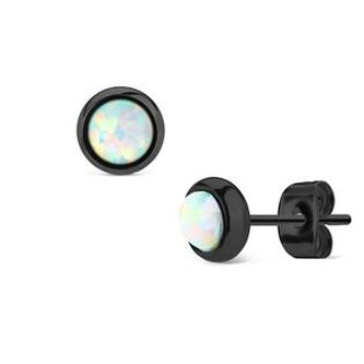 OPN1441-OP17 Černé ocelové náušnice s bílými opály
