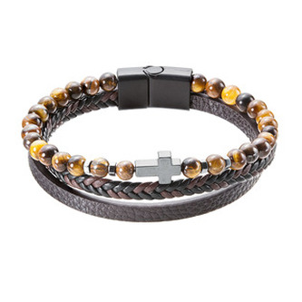 EG7506-19 Náramek dámský koženka a korálky tygří oko - černá