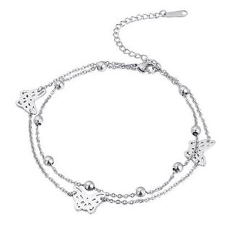 RN1135-ST Dvojitý ocelový náramek na nohu s motýlky