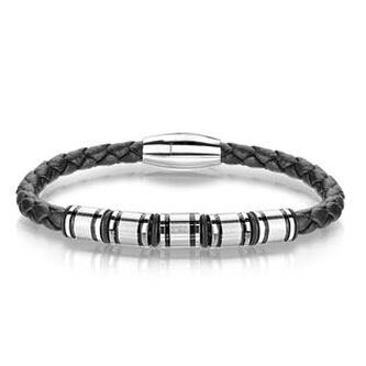 NR1224-21 Kožený náramek s ocelovými komponenty, délka 21,5 cm - černá