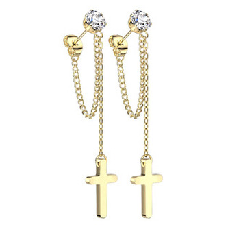 OPN1942-GD Zlacené visací ocelové náušnice s křížky