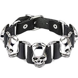 NR1237-K Kožený náramek s lebkami - motorkářské - černá
