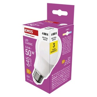 Emos LED žárovka Classic A60 / E27 / 5,8 W (50 W) / 645 lm / neutrální bílá