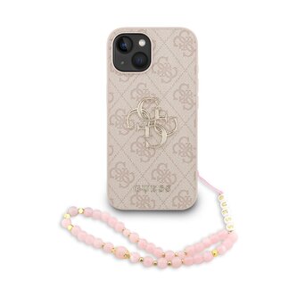 Guess PU 4G Metal Logo Strap Zadní Kryt pro iPhone 15 Pink