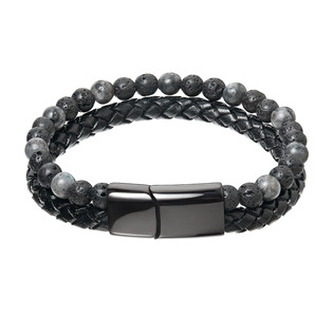 EG7529 Pánský koženkový náramek s lávovými kameny, délka 22 mm - černá