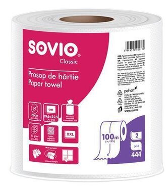 Papírové utěrky, bílá, 2-vrstvé, 100 m, průměr 20 cm, 1 role, SOVIO PP20963