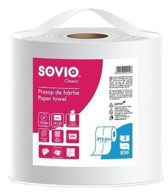 Papírové utěrky, bílá, 2-vrstvé, 212,6 m, průměr 26,5 cm, 1 role, SOVIO PP20907