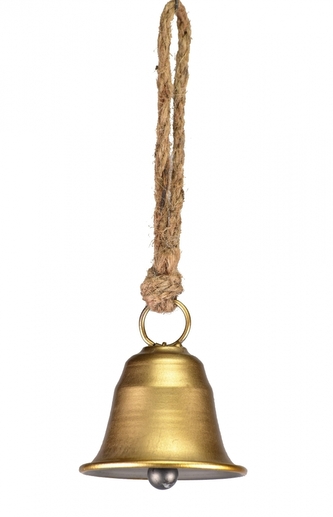 Kovový zvonek staro-zlatý na jutovém provaze 8x7,3x25 cm