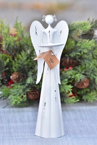 Plechový anděl s kalíškem na svíčku, bílý 30 cm