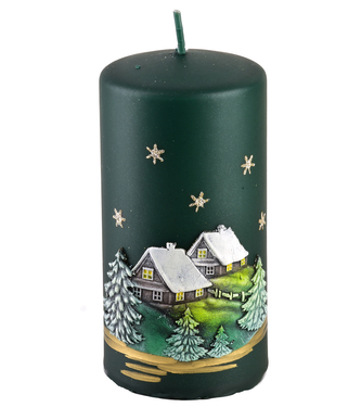 Świeca ZIMOWY DOMEK Walec duży 7x17,5cm zielona