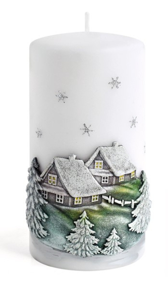 Świeca ZIMOWY DOMEK Walec średni 7x14cm biała
