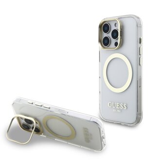 Guess IML Gold Outline Stand Camera Frame MagSafe Zadní Kryt pro iPhone 16 Pro Transparent