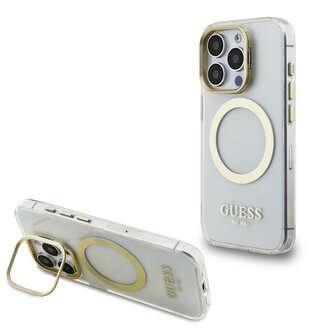 Guess IML Gold Outline Stand Camera Frame MagSafe Zadní Kryt pro iPhone 15 Pro Transparent