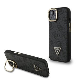 Guess PU 4G Strass Triangle Logo Stand Camera Frame MagSafe Zadní Kryt pro iPhone 14 Black