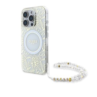 Guess IML Flowers Allover Strap MagSafe Zadní Kryt pro iPhone 16 Pro Max White