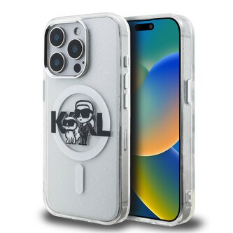 Karl Lagerfeld IML Glitter Karl and Choupette Sketch MagSafe Zadní Kryt pro iPhone 15 Pro Transparent