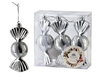 SANTA LILA Komplet 3 bombek CUKIEREK srebrne 4x4x11cm