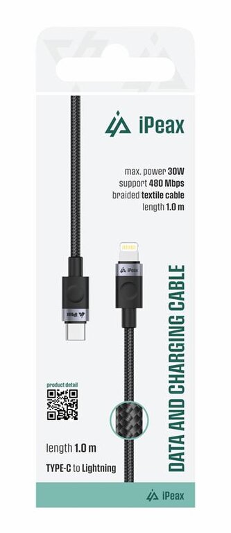 iPEAX textilní kabel USB-C / Lightning 1M, USB 2.0 černý