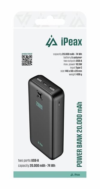 iPEAX Power banka 20000 mAh, 10,5W, 2x USB-A černá