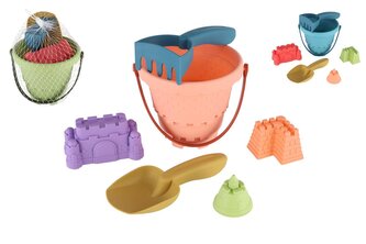 Sada na písek plast kbelík, lopatka, hrabičky, 3 formičky  3 barvy v síťce