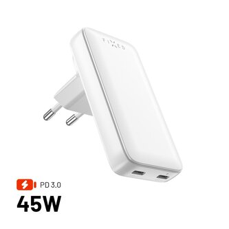 Fixed Síťová GaN nabíječka Slim Traveller s 2x USB-C výstupem s vyměnitelnými adaptéry, 45W, bílá