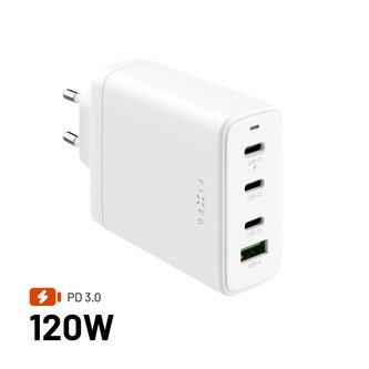 Fixed Síťová GaN nabíječka s 3xUSB-C a USB výstupem, podpora PD 3.0, 120W, bílá